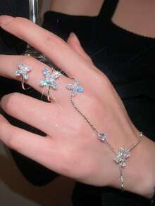 CVNANA 1pc Sparkling Butterfly Rhinestone Hand Chain With Ring. Dainty Bracelet & Ring Jewelry For Women For Party,Prom,Wedding,Daily,Birthday,Christmas.Gift - A - View 1