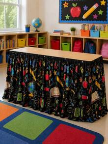 1pc Black School Supplies Print Table Skirt, Colorful Classroom Style Polyester Rectangular Pleated Tablecloth, Back To School Decoration, Teacher Desk Display, Kindergarten Classroom Party, Library Reading Corner - Multicolor - View 2