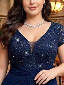 Plus Size Elegant Deep V-Neck Sequin Floral Lace Ruched Twisted Waist Mermaid Hem Formal Evening Gown, Birthday Outfit Party Vacation Wedding Fall - Navy Blue - View 10