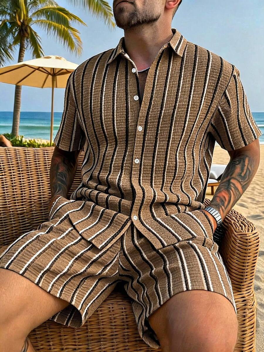 Men's Summer New Knit Random Striped Texture Collared Short Sleeve Shirt With Matching Drawstring Shorts Plus Size 2-Piece Set - Coffee Brown - View 1