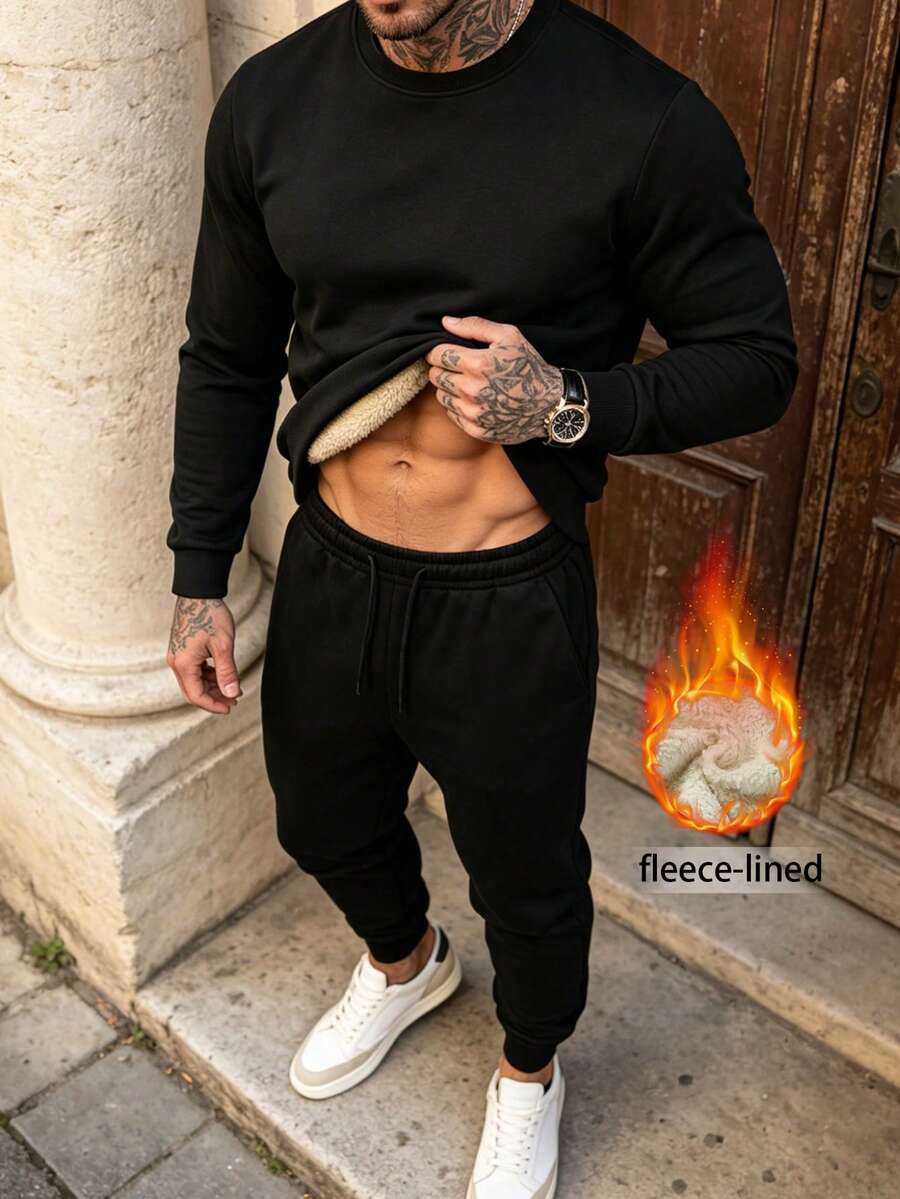 Men's Autumn/Winter Fashion Casual Black Crew Neck Pullover Fleece Sweatshirt And Pants Set, Suitable For Home And Daily Commute, Gift - Black - View 1