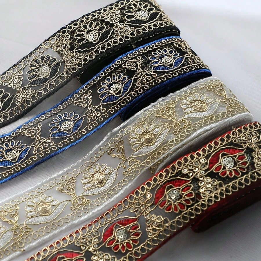 1/5"復古金色刺繡蕾絲飾邊,復古花卉提花縫製緞帶,適用於洋裝、衣物、包包、窗簾手工藝裝飾,適合DIY服飾、縫紉與初學者 - 多色D - 查看 1