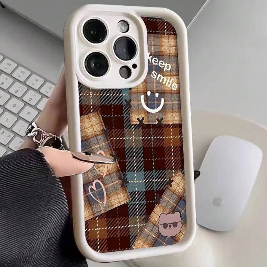 Plaid Heart Face Phone Case Suitable For Apple 16, 17 Pro, New 15 Pro, Premium 14, Anti-Drop 13 - 金剛砂-白色-格紋愛心笑臉 - 查看 1