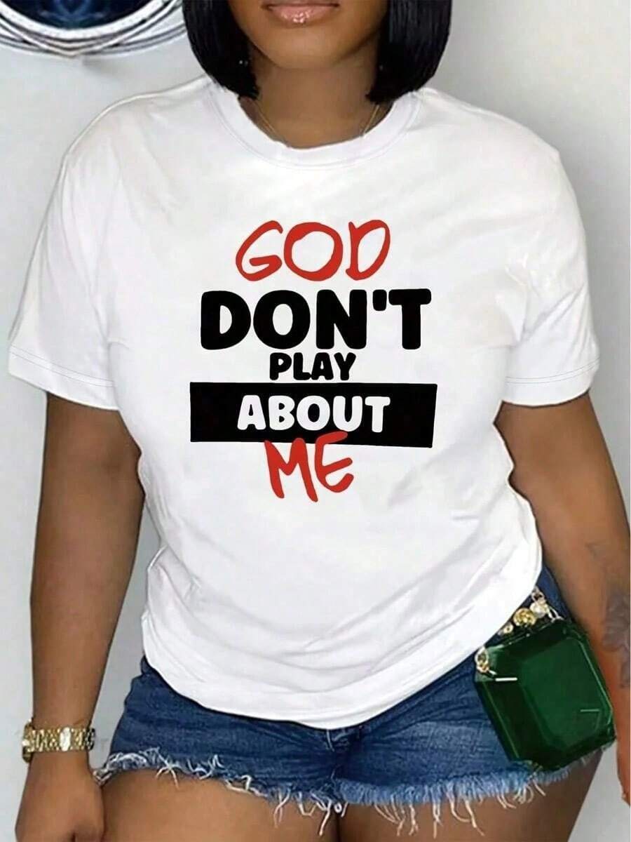 Camiseta gráfica de manga corta de gran tamaño para mujer de Trenfashion con estampado 'God Don't Play About Me', camiseta casual de fe cristiana para mujer, camiseta gráfica 'God Don't Play - Blanco - Ver 1