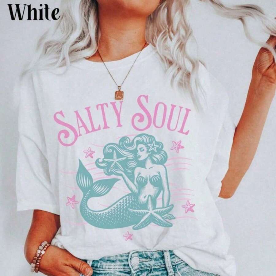 Camiseta Oversize con Diseño de Sirena Pastel Cuello Redondo Básica Moda Juvenil Estilo Retro Vintage Chica Aesthetic - Blanco - Ver 1