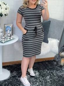 Vestido ajustado casual de primavera/verano para mujer, nuevo, a rayas, con doble bolsillo y cordón - Gris Claro - Ver 1