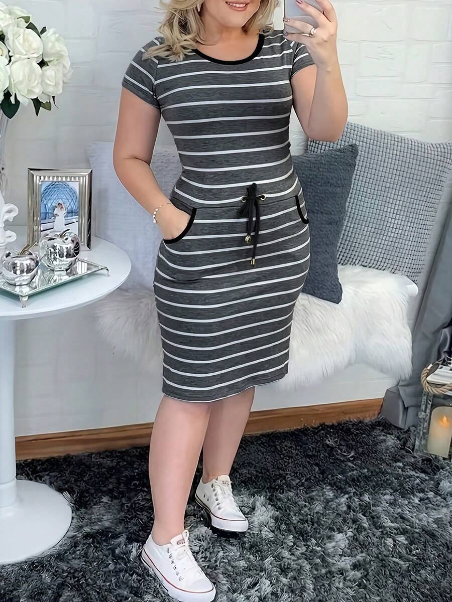 Vestido ajustado casual de primavera/verano para mujer, nuevo, a rayas, con doble bolsillo y cordón - Gris Claro - Ver 1