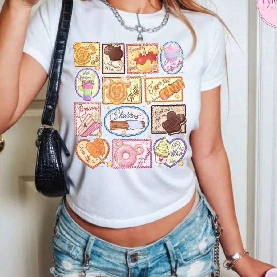 Playera Estampada con Estampado de Postres Kawaii Manga Corta Casual Estilo Japonés Urbano Moda Streetwear Top Ropa de Mujer Retro - Blanco - Ver 1