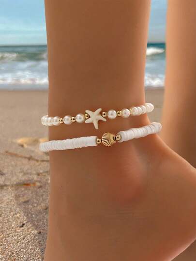 Juego de tobilleras de arcilla blanda con capas de estrella de mar, concha y perlas falsas, estilo vacaciones de playa, tobillera elástica versátil con perlas falsas para mujer