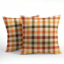 2pcs Autumn Plaid Pillow Covers, Vintage Orange Yellow Buffalo Check Cushion Covers, Linen Texture Farmhouse Harvest Decor Pillow Covers, Suitable For Sofa And Bedroom Home Decor, Pillow Insert Not Included - Orange - View 7