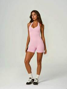 UONNOU Halter Neck Open Back Romper For Women, Contrast Trim Tummy Control Slim Sports Bodysuit - Pink - View 10
