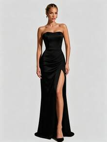 Women's Elegant Sexy Strapless Ruched Satin Slit Party Evening Gown, Cocktail Dress, Graduation Season Back To School Dress Black - Black - View 3