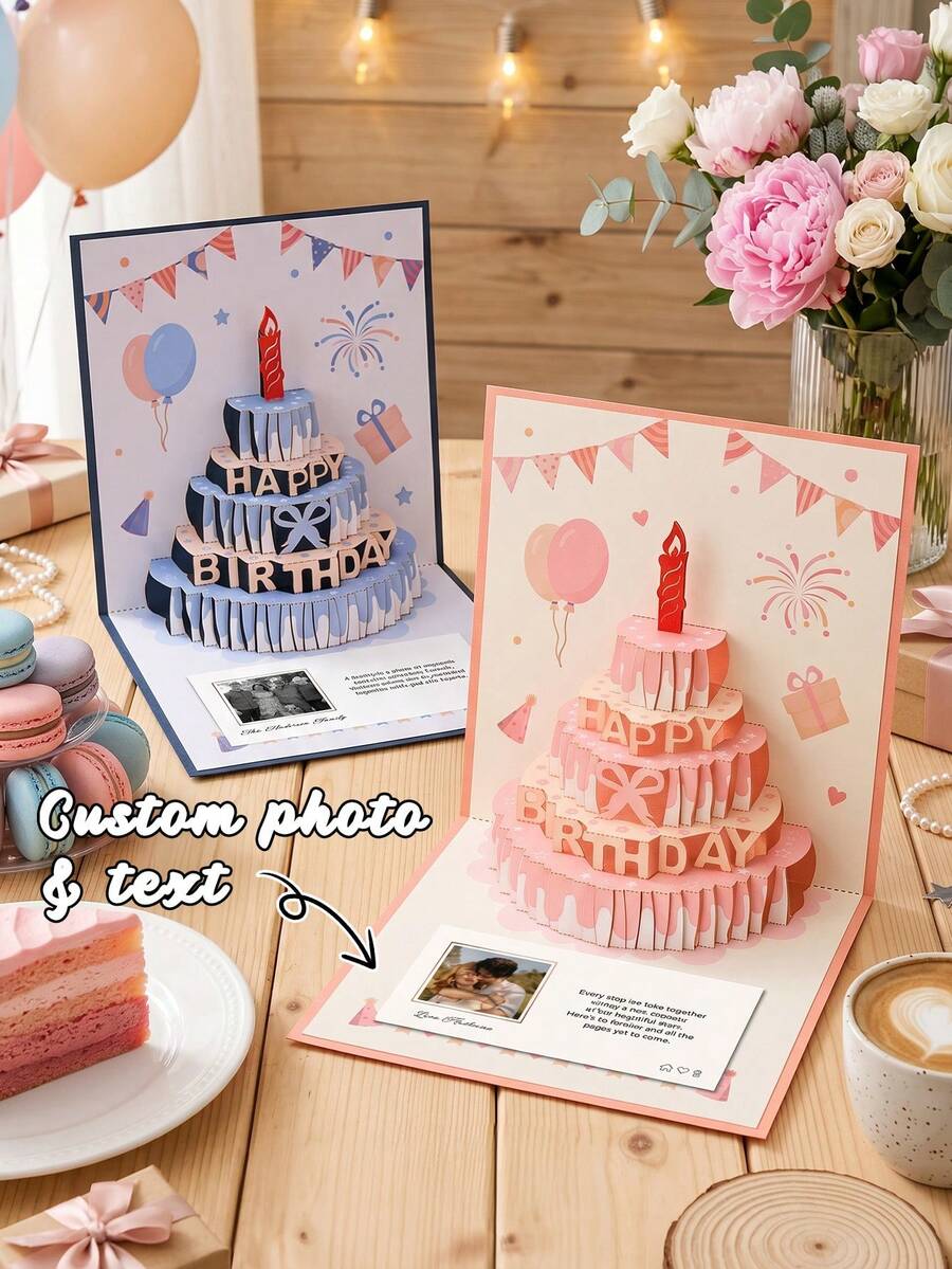 1pc Custom Photo And Text Birthday Pop Up Card,Standing Cake Popup Greeting Card,Keepsake Birthday Present For Her Bestie Mom BFF - Multicolor - View 1