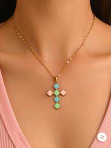 1pc 18k Gold Plated Fresh Style Colorful Enamel Square Cross Necklace, Contrast Candy Color Resin Gold Neck Jewelry, Sweet Jewelry For Daily Summer Outfits, Graduation Season Gift - Gold - View 6