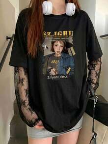 星河女孩個性化照片印花蕾絲拼接長袖圓領寬鬆針織黑色上衣，春夏季性感約會上衣，情人節休閒款 - 2A10黑色-KJ0269 - 查看 2