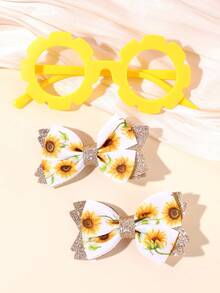 2 Stücke Mädchen Sonnenblumen Schleife Pailletten Doppelschicht Blumen Haarspangen, Gelbe Zahnrad Rahmen Brille, Party & Feiertag Kinder Haaraccessoires - Gelb - Übersicht 3