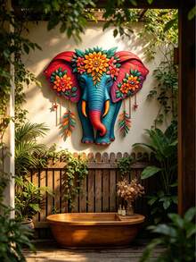 1Pc 2D Flat Colorful Elephant Metal Wall Decor, Boho Style Elephant Garden Ornament, Suitable For Home, Yard, Room, Courtyard And Balcony Decoration, Also Used As Outdoor Fence Decor, Housewarming & Holiday Gift, Ideal Present For Friends And Family - Elephant B - View 2