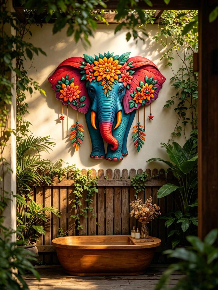 1Pc 2D Flat Colorful Elephant Metal Wall Decor, Boho Style Elephant Garden Ornament, Suitable For Home, Yard, Room, Courtyard And Balcony Decoration, Also Used As Outdoor Fence Decor, Housewarming & Holiday Gift, Ideal Present For Friends And Family