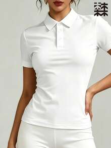 mulinsen 女款運動 Polo 衫 T-shirt，純色休閒薄款短袖上衣，輕量冰絲透氣翻領短袖，時尚鈕扣領設計，適合戶外休閒、女款高爾夫服飾、網球穿著、馬術騎乘上衣 - 月光白 - 查看 3