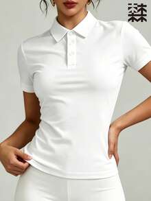 mulinsen 女款運動 Polo 衫 T-shirt，純色休閒薄款短袖上衣，輕量冰絲透氣翻領短袖，時尚鈕扣領設計，適合戶外休閒、女款高爾夫服飾、網球穿著、馬術騎乘上衣 - 月光白 - 查看 8