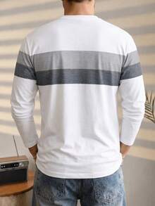 Men's Soft Long Sleeve Base Layer Grey Striped Paris Letter Print Crew Neck Casual T-Shirt Sports - Multicolor - View 2
