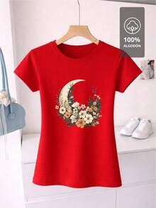 SHENDY VENDY Women's T-Shirt, 100% Cotton, Short Sleeves, Round Neck, Soft And Comfortable. Botanical Design With A Floral Crescent Moon, Natural And Elegant Style. - 紅色 - 查看 2