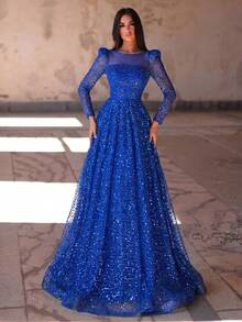 Faeriesty Elegante vestido de noche formal para mujer en azul real, manga larga con adornos de cuentas & lentejuelas, cuello redondo, manga abullonada y bajo acampanado para vacaciones - azul real - Ver 2