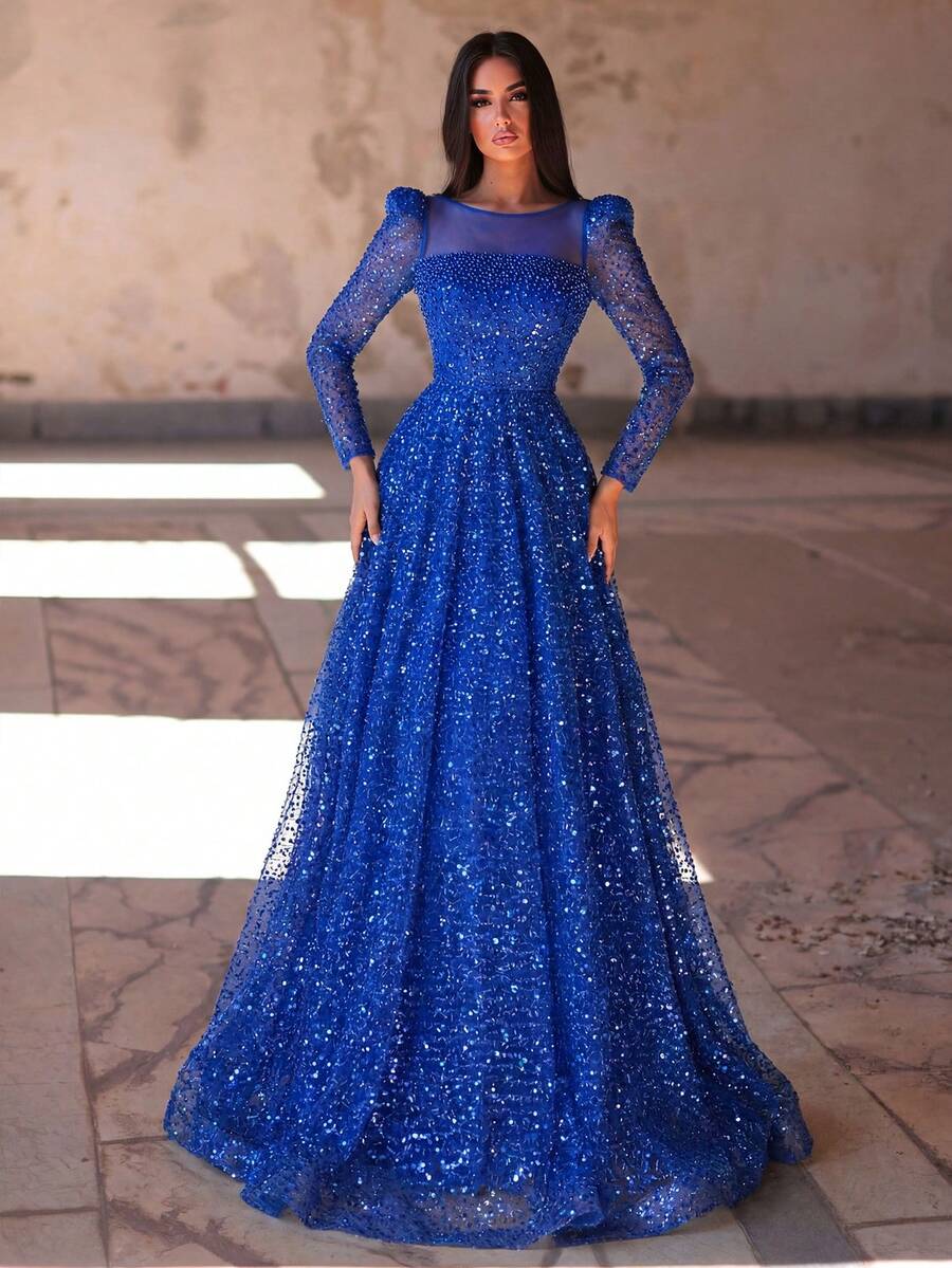 Faeriesty Elegante vestido de noche formal para mujer en azul real, manga larga con adornos de cuentas & lentejuelas, cuello redondo, manga abullonada y bajo acampanado para vacaciones