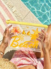 防水 PVC 比基尼與海星「Beach」字母印花沙灘包、PVC 化妝包、拉鍊式 PVC 旅行收納包，輕量耐褪色化妝盥洗包，適合女性與男性，TSA 認證便攜化妝收納盒，易清潔設計，適合母親、老師、朋友、護理師，學校假期度假必備盥洗包，母親節禮物，旅行必備，夏季必備 - 彩色 - 查看 5