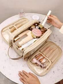 Bolsa de maquillaje multifuncional de cuero PU impermeable color camello, bolsa de maquillaje de doble capa, portátil, ligera y elegante para viaje, para el hogar y para exteriores - Beis - Ver 3