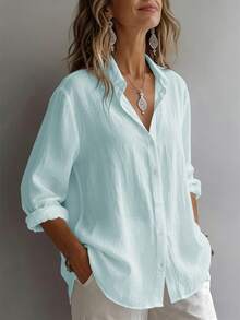 Camisa Mujer Cuello Solapa Color Menta Claro de Manga Larga, Tejido con Textura Arrugada Suelto, Botones Delanteros para Estilo Casual y Oficina - azul claro - Ver 4