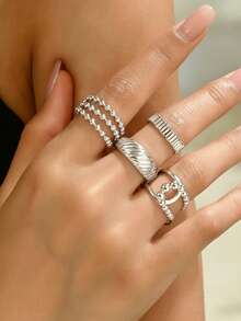 4pcs Stainless Steel Women's Stackable Rings, Thin Band Wide Face Open Combination Rings, Beaded Vertical Stripe Spiral Texture Metal Elements, European And American Vintage Niche Luxury Minimalist Style, Gold Color, Suitable For Women's Daily Commute, Shopping, Dating Outfits, Valentine's Day, Qixi Festival, Birthday Gift Jewelry - Ring - View 2