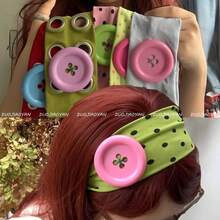 1pc Summer Dopamine Oversized Button Headband, Fashionable Ins Style Polka Dot Elastic Headband, Niche Design Handmade Sewn, American Vintage Polka Dot Wide Band Headband For Women, High Elasticity Fabric Hair Tie, Dopamine Color Block Large Button Design, Modifies Cranial Top, Suitable For Home Skincare, Vacation, Photo-Worthy, Versatile Head Accessory - Multicolor - View 4