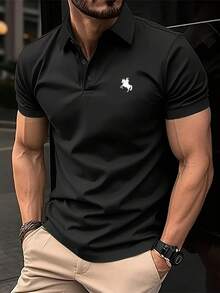 Men's Casual Polo Shirt, Knight Embroidery Design, Minimalist Fashion Daily Wear - Black - View 1