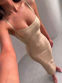 Vestido de verano largo ajustado con tirantes finos, abertura, acanalado metálico sexy tipo vendaje para mujer, elegante vestido de cóctel dorado para fiesta nocturna - Dorado - Ver 3