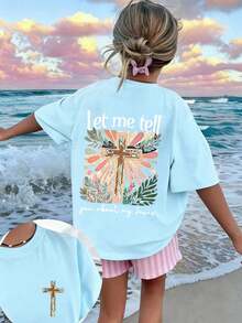 Graphic Tee For Preteen Girls "Let Me Tell You About My Jesus", Made Of Soft And Comfortable Fabric, Suitable For Outdoor Sports, Casual Wear, Street Style, Campus Style, Top - 黑色 - 查看 1