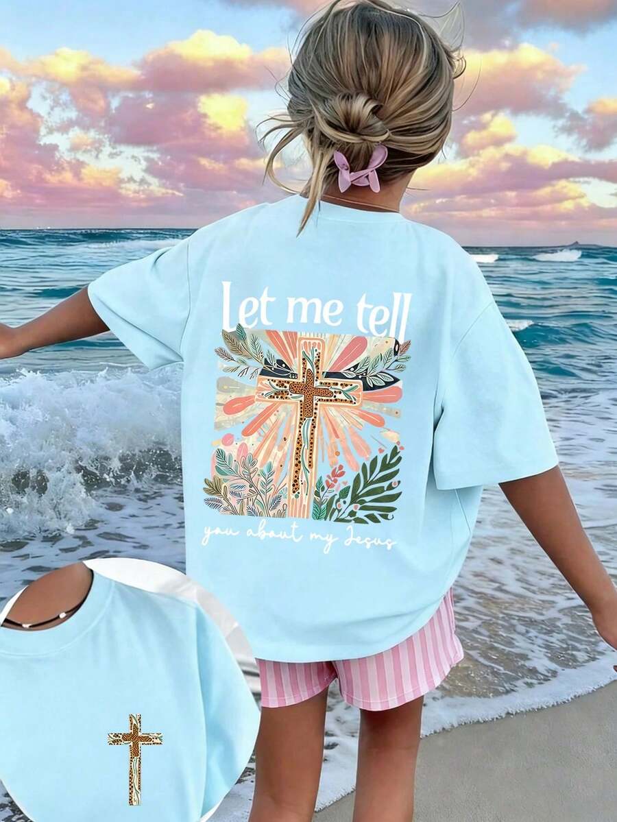 Graphic Tee For Preteen Girls "Let Me Tell You About My Jesus", Made Of Soft And Comfortable Fabric, Suitable For Outdoor Sports, Casual Wear, Street Style, Campus Style, Top - 黑色 - 查看 1
