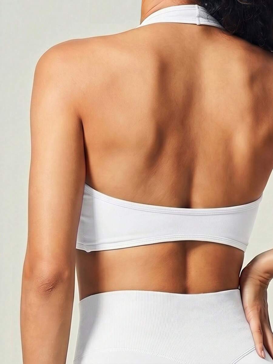 UONNOU 女款掛脖前胸抓褶運動內衣,露背短版上衣,中強度支撐無鋼圈瑜珈健身運動背心 - 白色 - 查看 1