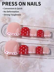 24er/Set Y2K mittlere quadratische weiße & rote French Tip Zehennägel Aufkleber, Polka Dot Design, Vollabdeckung Acryl Kunstnägel, inklusive 1 Stück Jelly Kleber und 1 Stück Nagelfeile, geeignet für die tägliche Nagelpflege von Frauen - Verschiedenfarbig - Übersicht 2