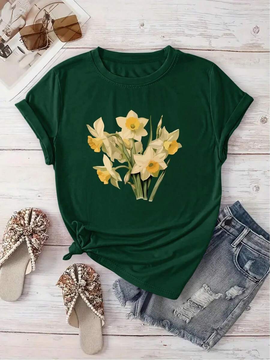 odil, Casual para Mujer, Ideal para Vacaciones, Manga Corta y Cuello Redondo, Perfecta para Primavera y Verano, Lavable a Máquina, Nueva Colección de Ropa para Mujer, Versátil para Salidas y - Verde oscuro - Ver 1