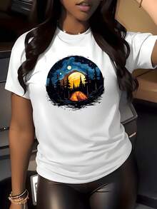 1 pieza Camiseta con estampado gráfico de atardecer en el bosque para camping, 180g, para aventuras al aire libre, para mujer, cuello redondo, 100% algodón, corte relajado. - Blanco - Ver 1
