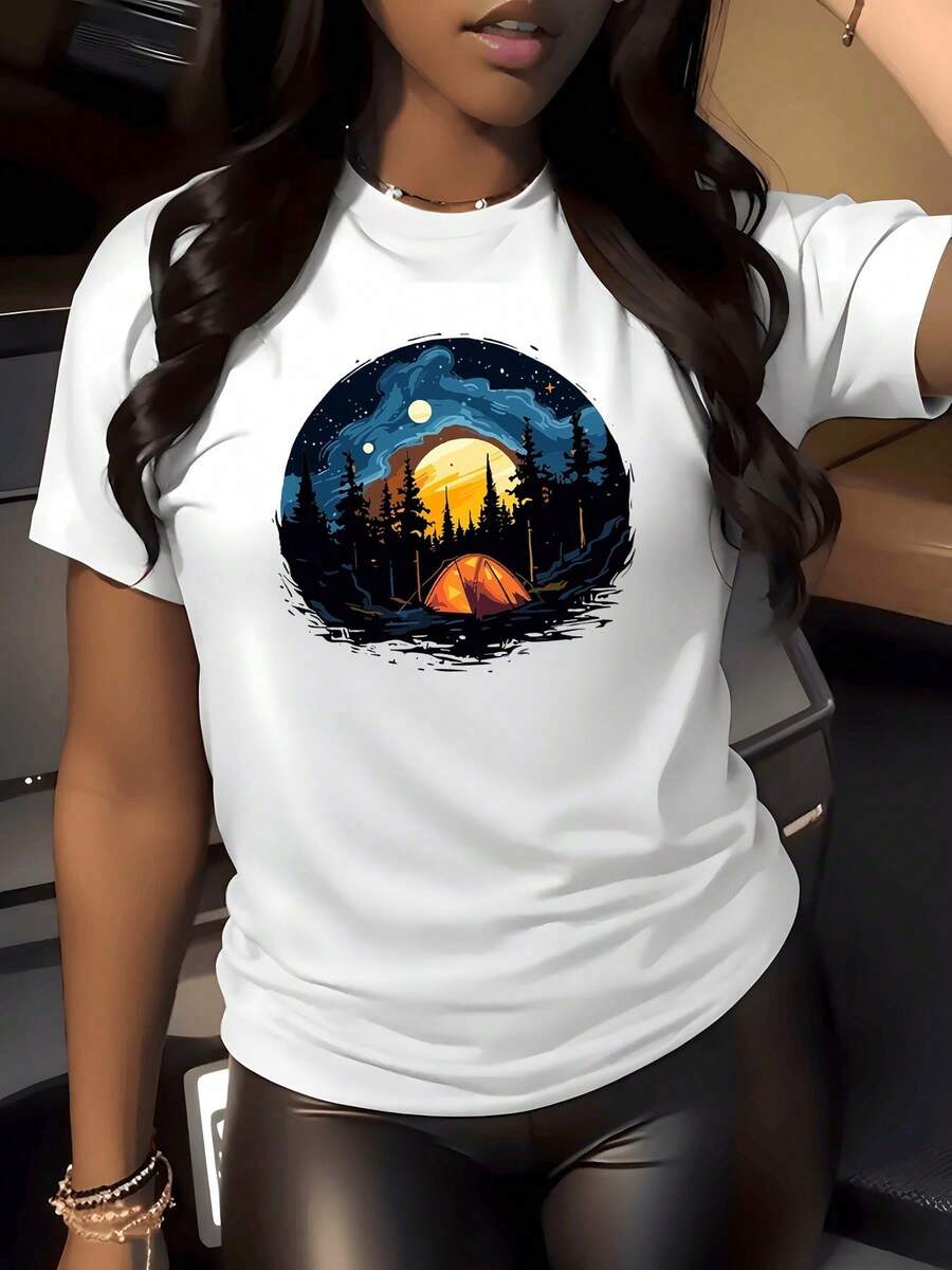 1 pieza Camiseta con estampado gráfico de atardecer en el bosque para camping, 180g, para aventuras al aire libre, para mujer, cuello redondo, 100% algodón, corte relajado. - Blanco - Ver 1