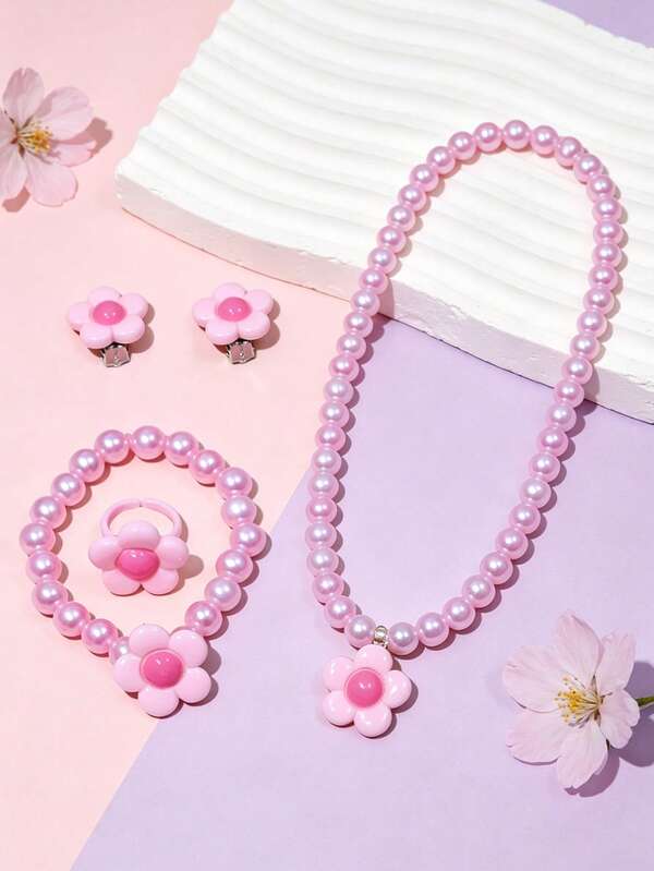 5pcs/Set Girls Exquisite Cute Flower Beaded Necklace, Bracelet, Ring, Earring Jewelry Set, Suitable For School Party, Holiday Gathering, Birthday Gift, Girls Daily Wear
