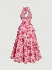 MOD Plus Size Floral Print Halter Midi Dress,Party Women Dresses,Pink Women Dresses,Sundress,Elegant Women Dresses,Pastel Women Dress,Butterfly - Azul - Ver 3