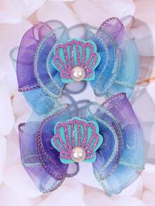 2 piezas de pinzas de lazo de tul estilo oceánico con conchas brillantes y perlas falsas, lazo de tul degradado azul-púrpura, accesorios para el cabello de adolescentes para boda en la playa/verano - Multicolor - Ver 6