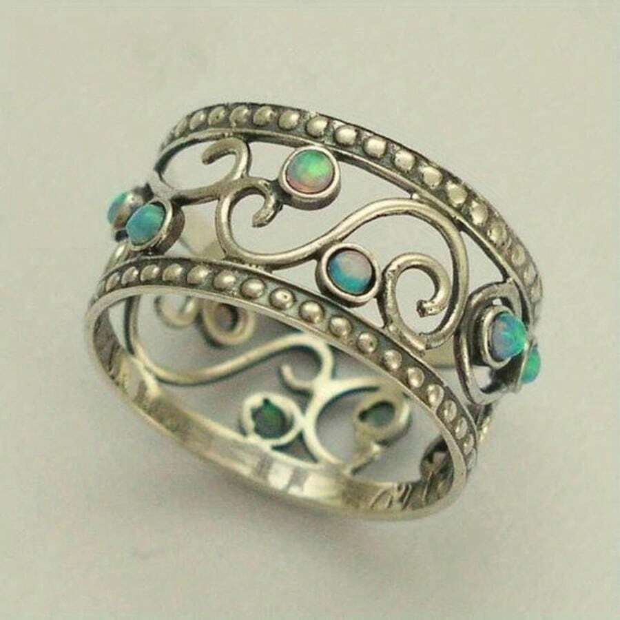 Wide Hollow Outline Ring, Vintage Scrollwork Craftsmanship With Beaded Detail Design, Fashionable And Elegant With Unique Exotic Flair, Versatile Jewelry For Daily Wear And Parties, Perfect Gift For Holidays - Silver - View 1