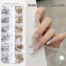 12-Grid Mini Nail Rhinestones, Colorful Asymmetric Champagne Crystal Glass Flat Back Rhinestones, Nail Accessories, 3D Nail Art Decor - Multicolor - View 3