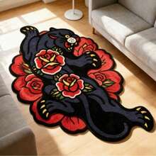 1pc Vintage American Black Leopard Shaped, Red Iron Blood Rose Pattern Carpet, Faux Cashmere 300 Material. Doormat, Small Rug, Welcome Mat, Carpet, Floor Mat, Outdoor Doormat, Kitchen Rug - Multicolor - View 3