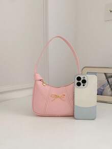 Sweet Metal Bow Underarm Bag, New Macaron Color Handbag/Shoulder Bag For Girls, Niche Minimalist Crescent Bag, Suitable For Daily Use - A - View 4