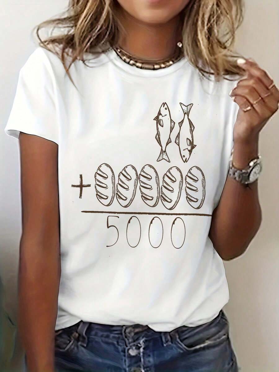 Camiseta con Estampado Gráfico Inspirado en la Fe, Manga Corta, Cuello Redondo, Estilo Casual Verano, - Blanco - Ver 1